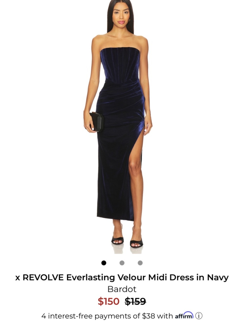 Bardot Strapless Velvet Midi Dress in Navy